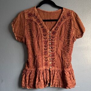 Embroidered Rust Short-Sleeve Peplum Top